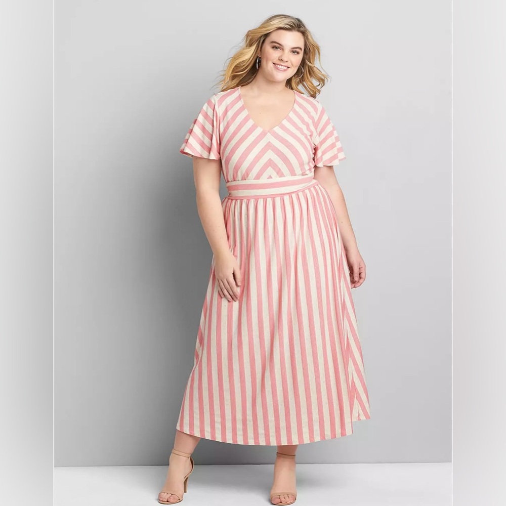 Lane Bryant Coral Chevron  Flutter Sleeve Maxi Dress. NEW